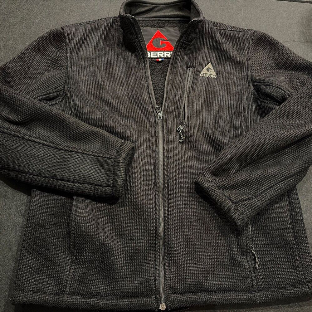 Gerry Black Heavy Textured Knit Men Sz Large Jacket Fleece Lined Full Zip Black